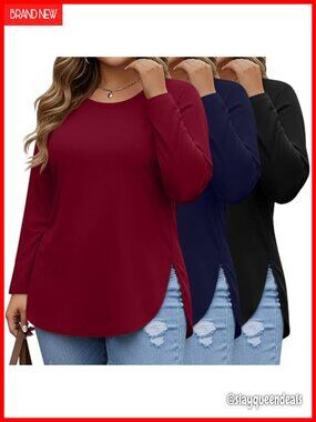Plus Size Long Sleeve Tunic Tops 3 Pack Round Neck Pull On Casual